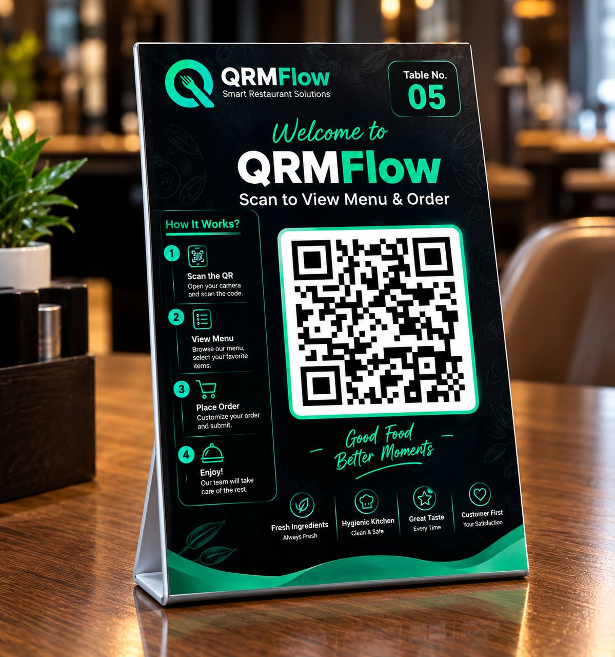 Sample qrmflow table QR stand on a restaurant table